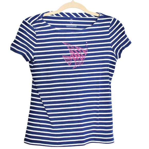 Talbots T Shirt Size PM  Cotton Short Sleeve Nautical  Blue & White Stripe - Picture 1 of 5